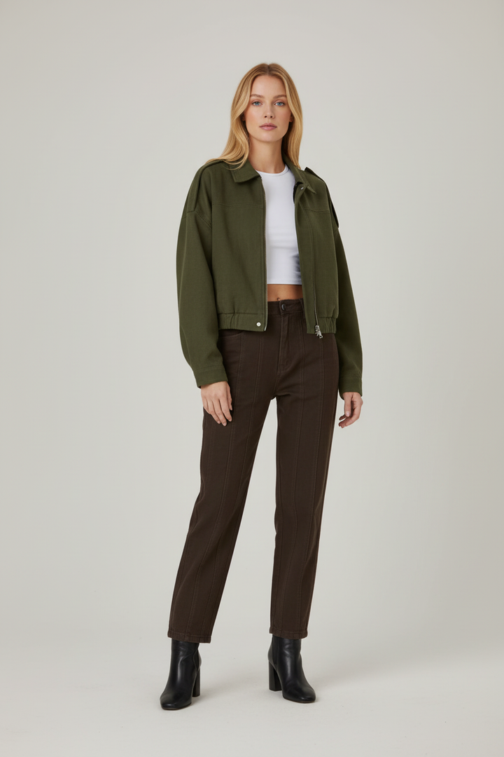 Short Cut Womens Jacket with Structured Shoulders and Zip Front