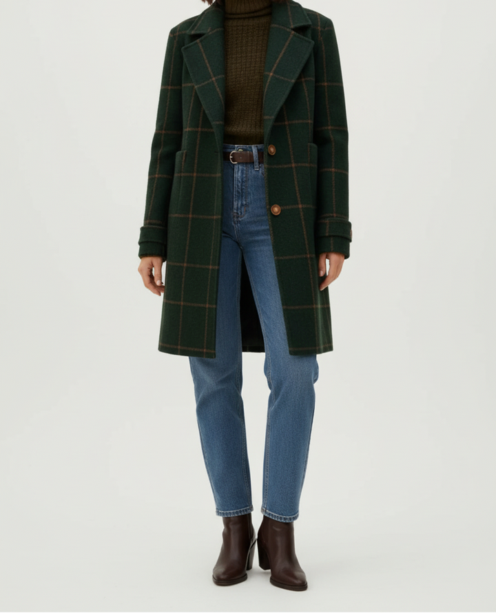 Mid Length Plaid Coat with Notch Lapels
