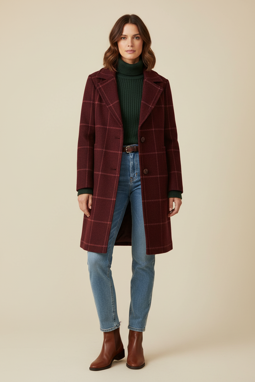 Mid Length Plaid Coat with Notch Lapels