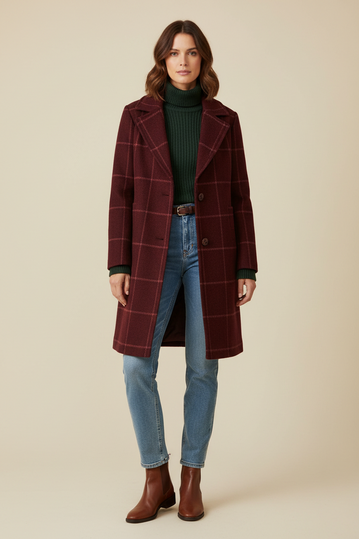 Mid Length Plaid Coat with Notch Lapels
