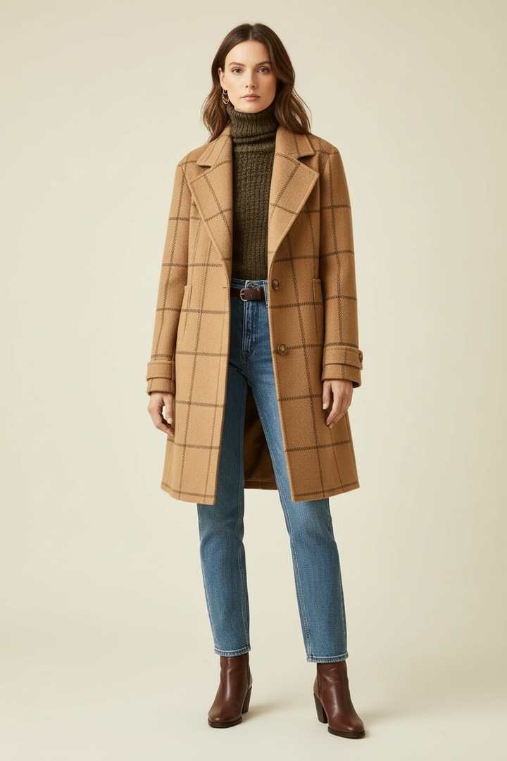 Mid Length Plaid Coat with Notch Lapels