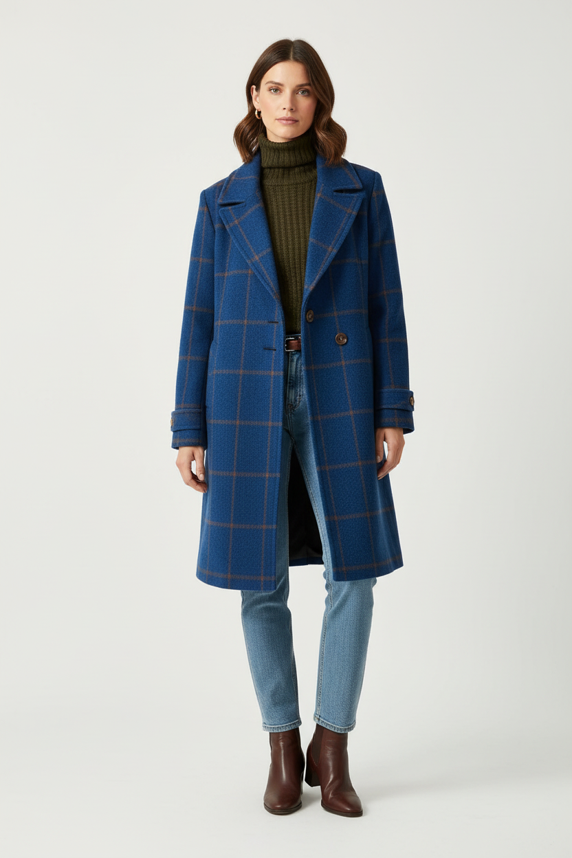 Mid Length Plaid Coat with Notch Lapels