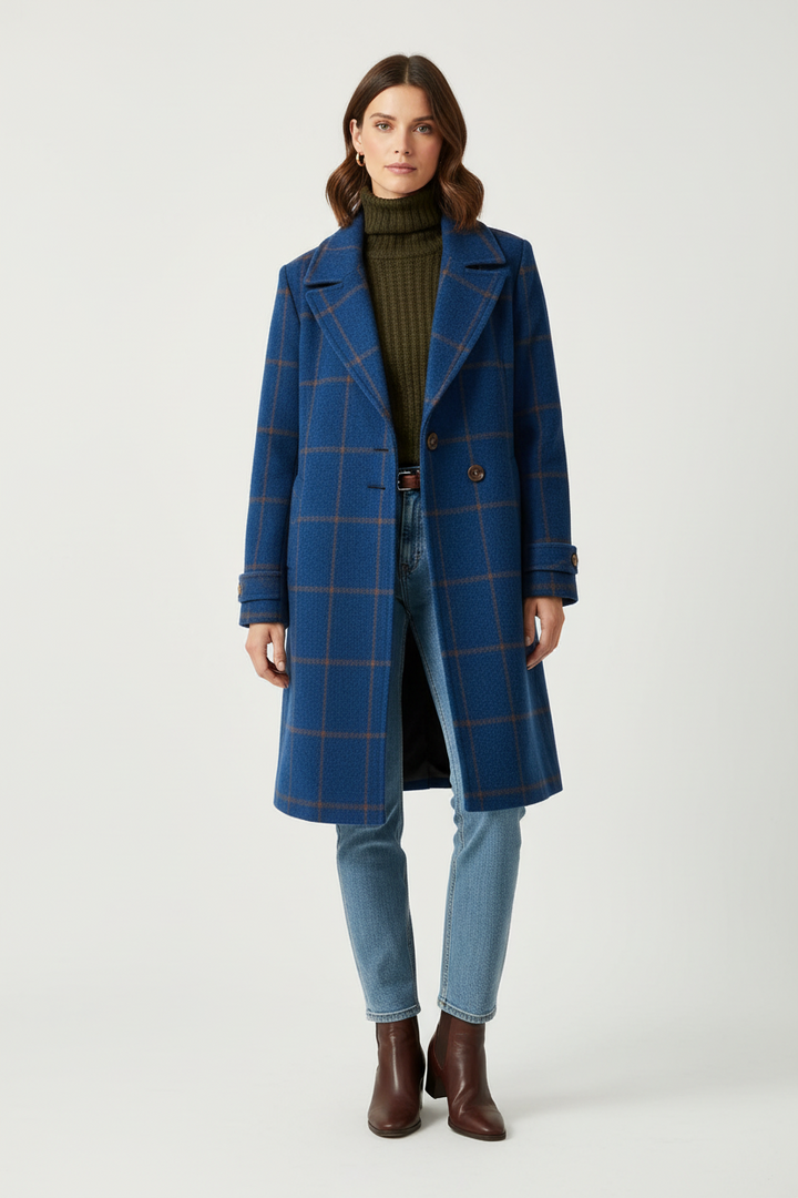 Mid Length Plaid Coat with Notch Lapels