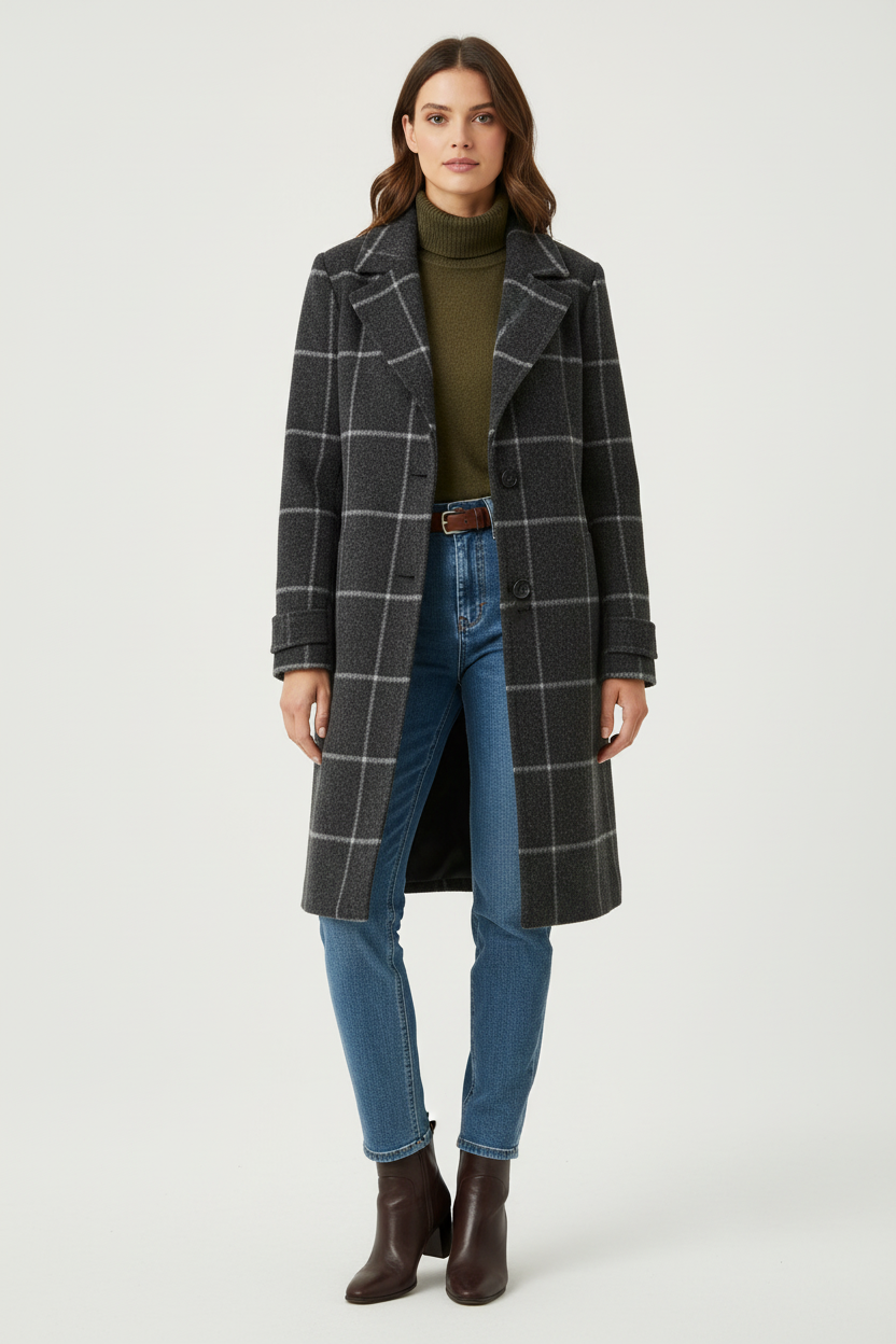 Mid Length Plaid Coat with Notch Lapels