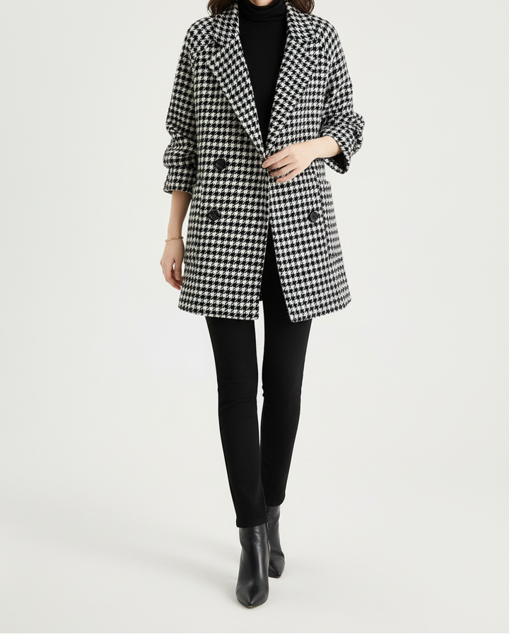 Double Breasted Checkered Coat with Notched Lapels