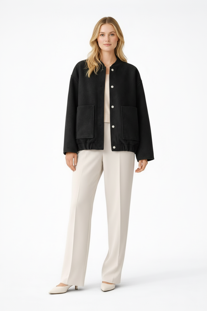 Women’s Bomber Jacket with Front Closure and Functional Pockets