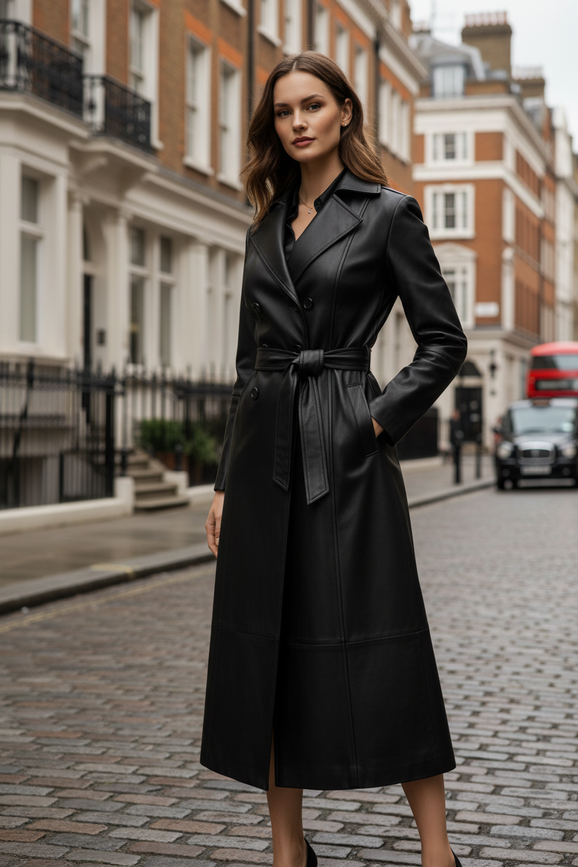 Belted Womens Trench Coat with Double Row Button Front