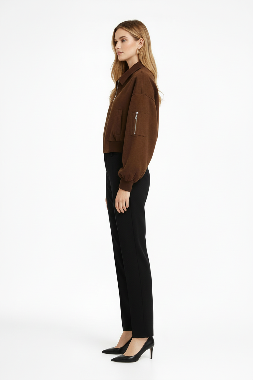 Women’s Cropped Bomber Jacket with Zip Closure and Pocket Detail