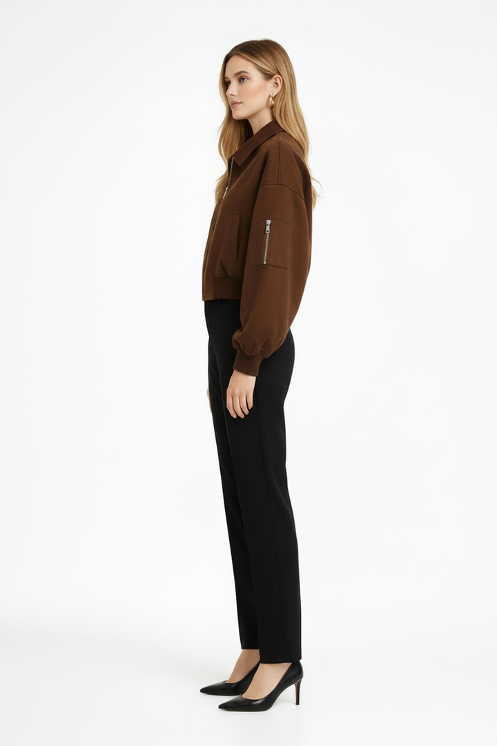 Women’s Cropped Bomber Jacket with Zip Closure and Pocket Detail