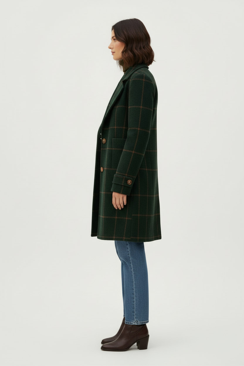 Mid Length Plaid Coat with Notch Lapels