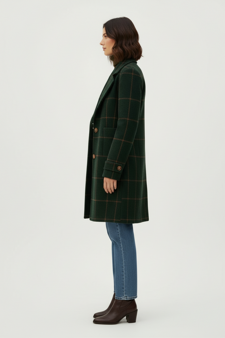 Mid Length Plaid Coat with Notch Lapels