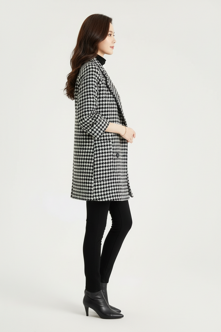 Double Breasted Checkered Coat with Notched Lapels