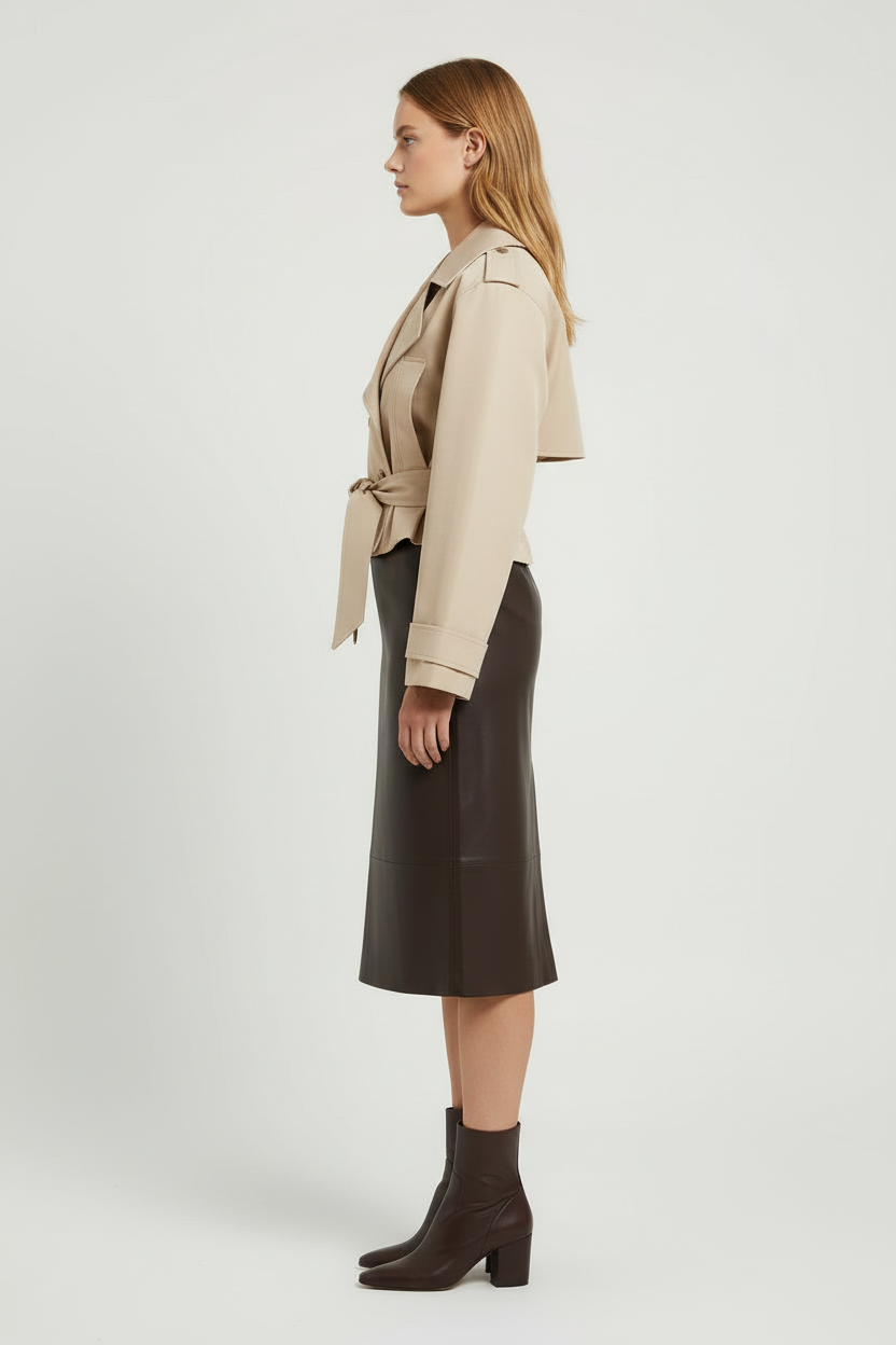 Double Breasted Cropped Trench Coat with Belted Waist