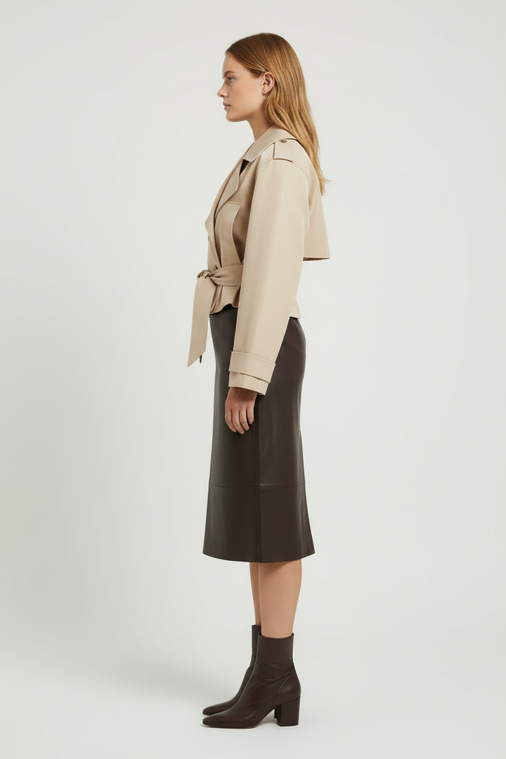 Double Breasted Cropped Trench Coat with Belted Waist