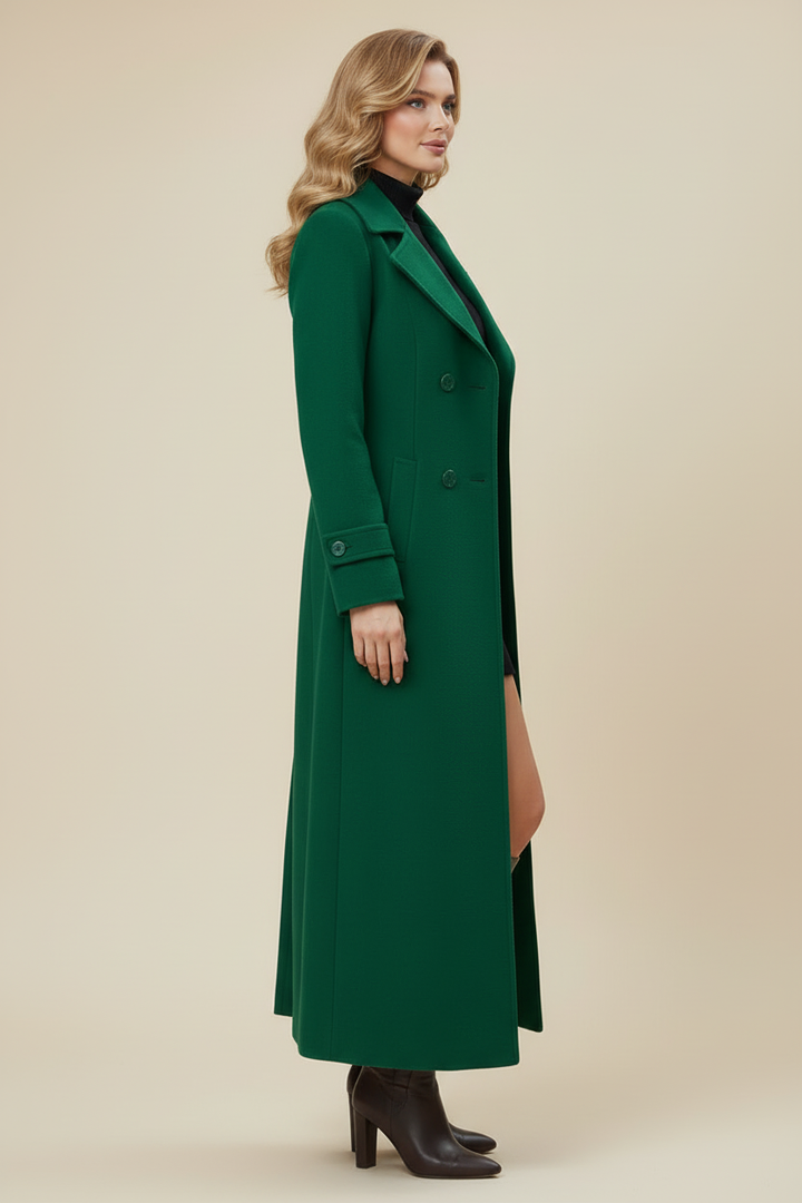 Long Womens Coat with Shawl Collar and Belted Waist