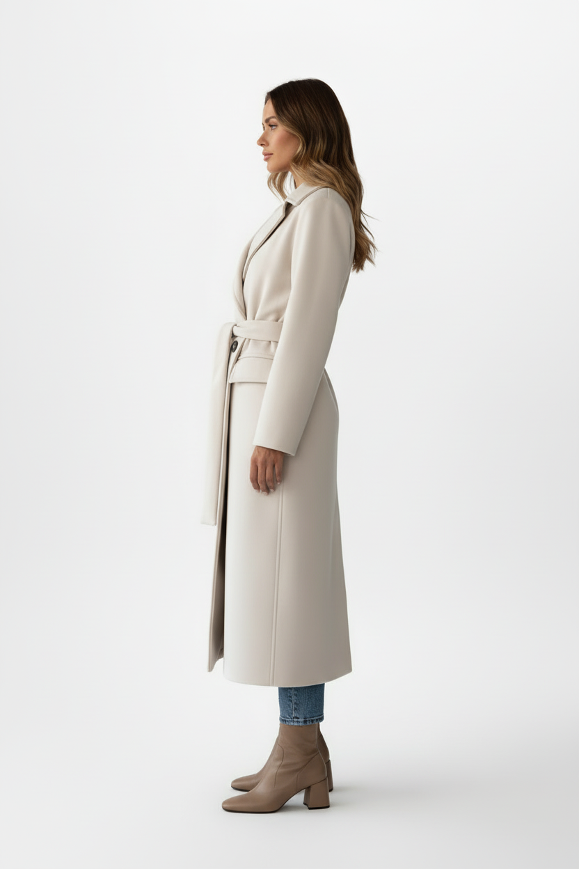 Long Womens Coat with Double Button Front and Belted Waist