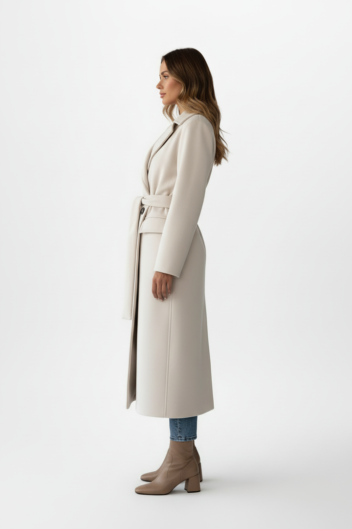 Long Womens Coat with Double Button Front and Belted Waist