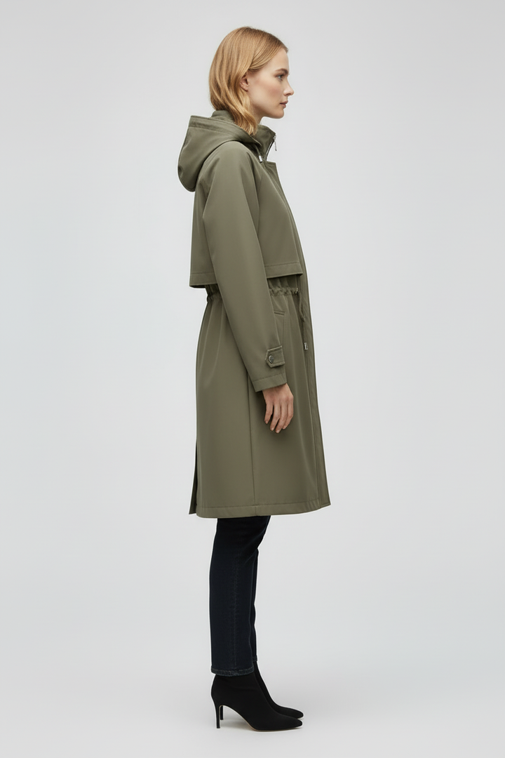 Long Womens Trench Coat with Hood Adjustable Waist and Zip Front