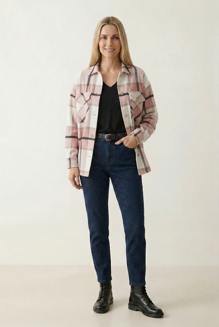 Checkered Shirt Jacket with Button Front and Collared Design