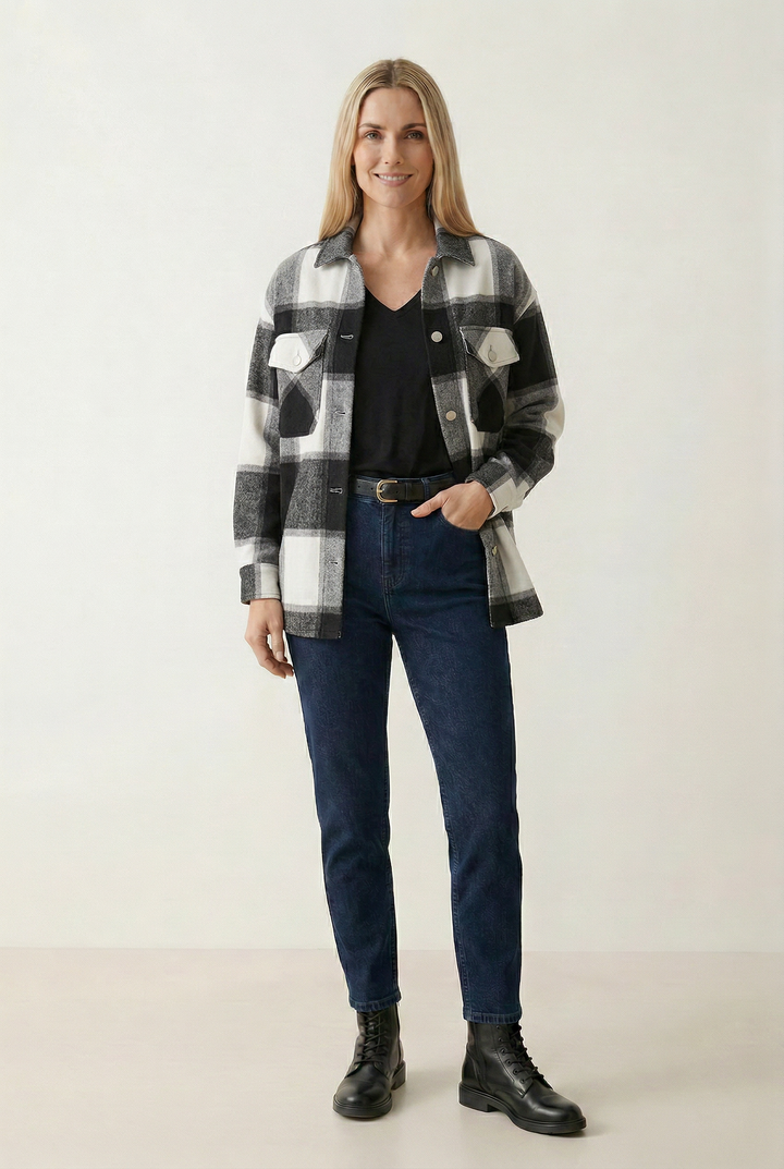 Checkered Shirt Jacket with Button Front and Collared Design