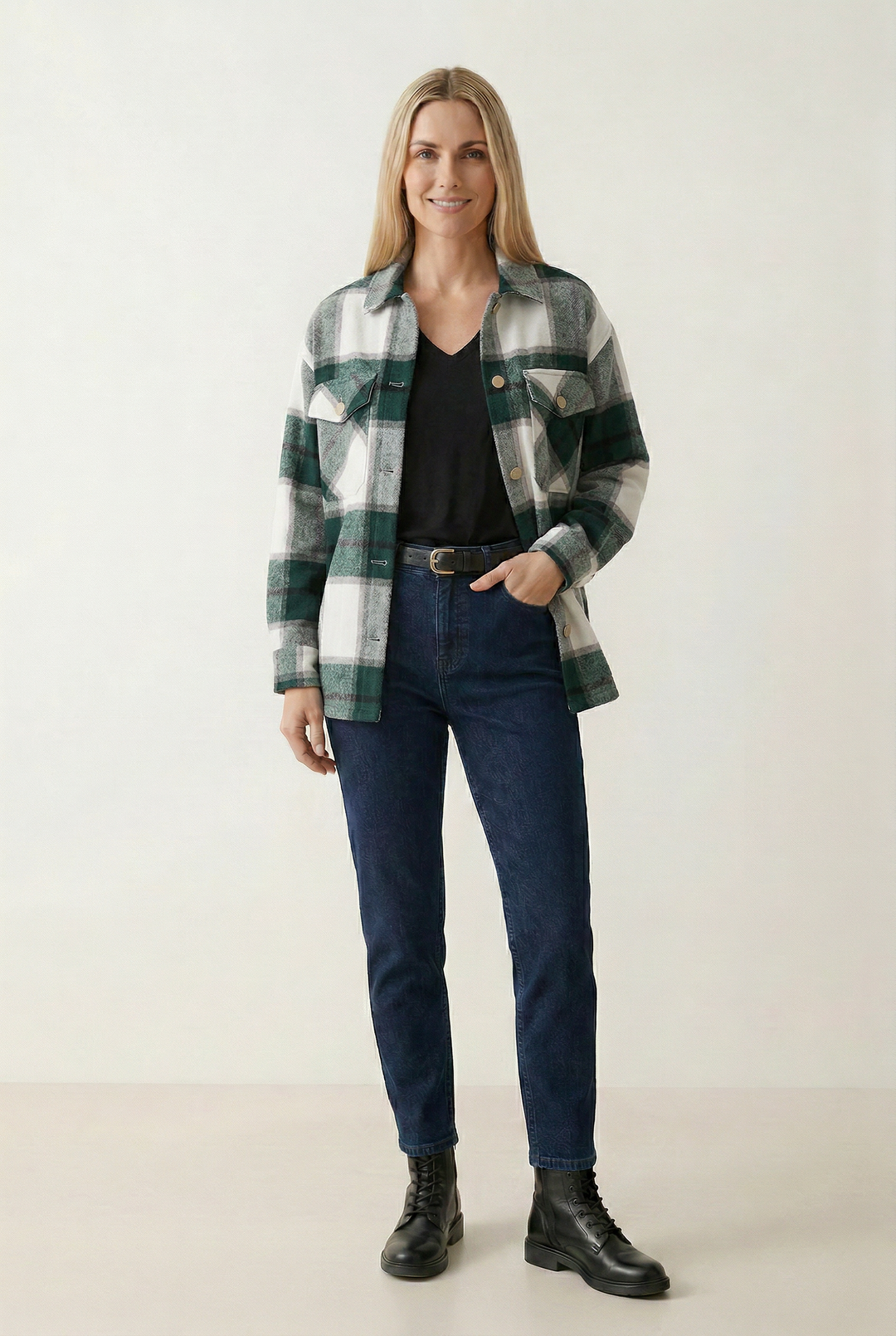 Checkered Shirt Jacket with Button Front and Collared Design