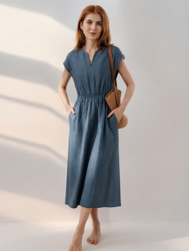Lina — Graceful Mixed Linen Dress with Fluid Design