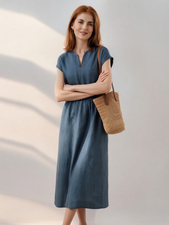 Lina — Graceful Mixed Linen Dress with Fluid Design