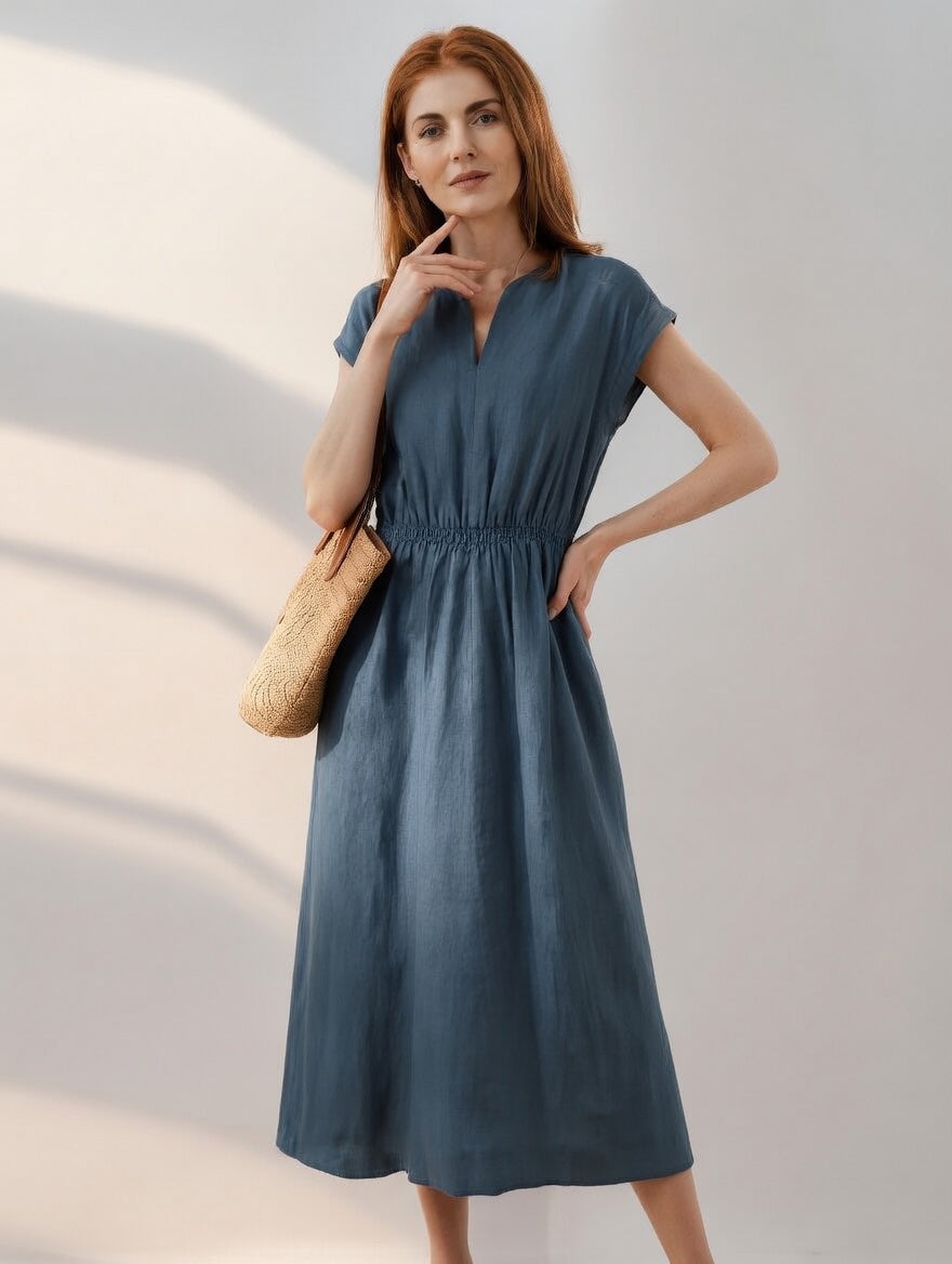 Lina — Graceful Mixed Linen Dress with Fluid Design