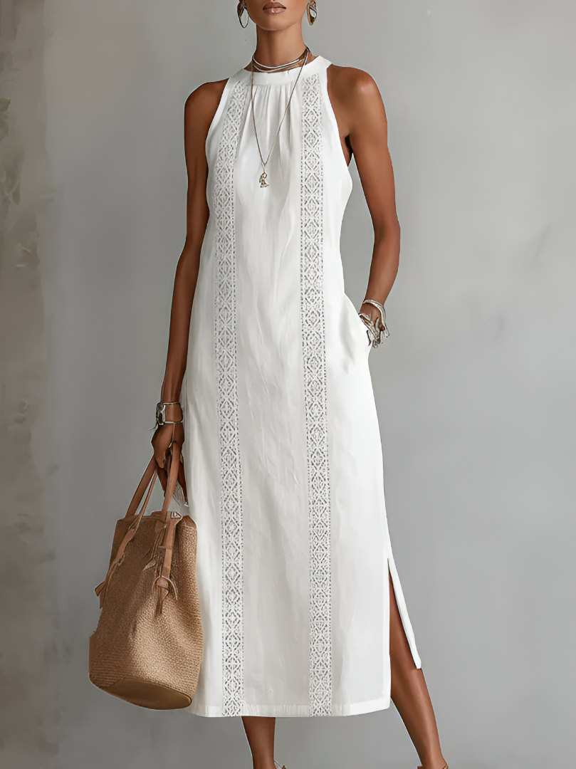 Arabella | Relaxed Embroidered Mandarin Collar Midi Dress