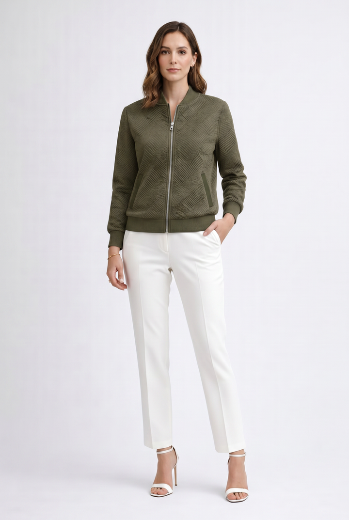 Women’s Textured Bomber Jacket with Ribbed Cuffs and Zip Front