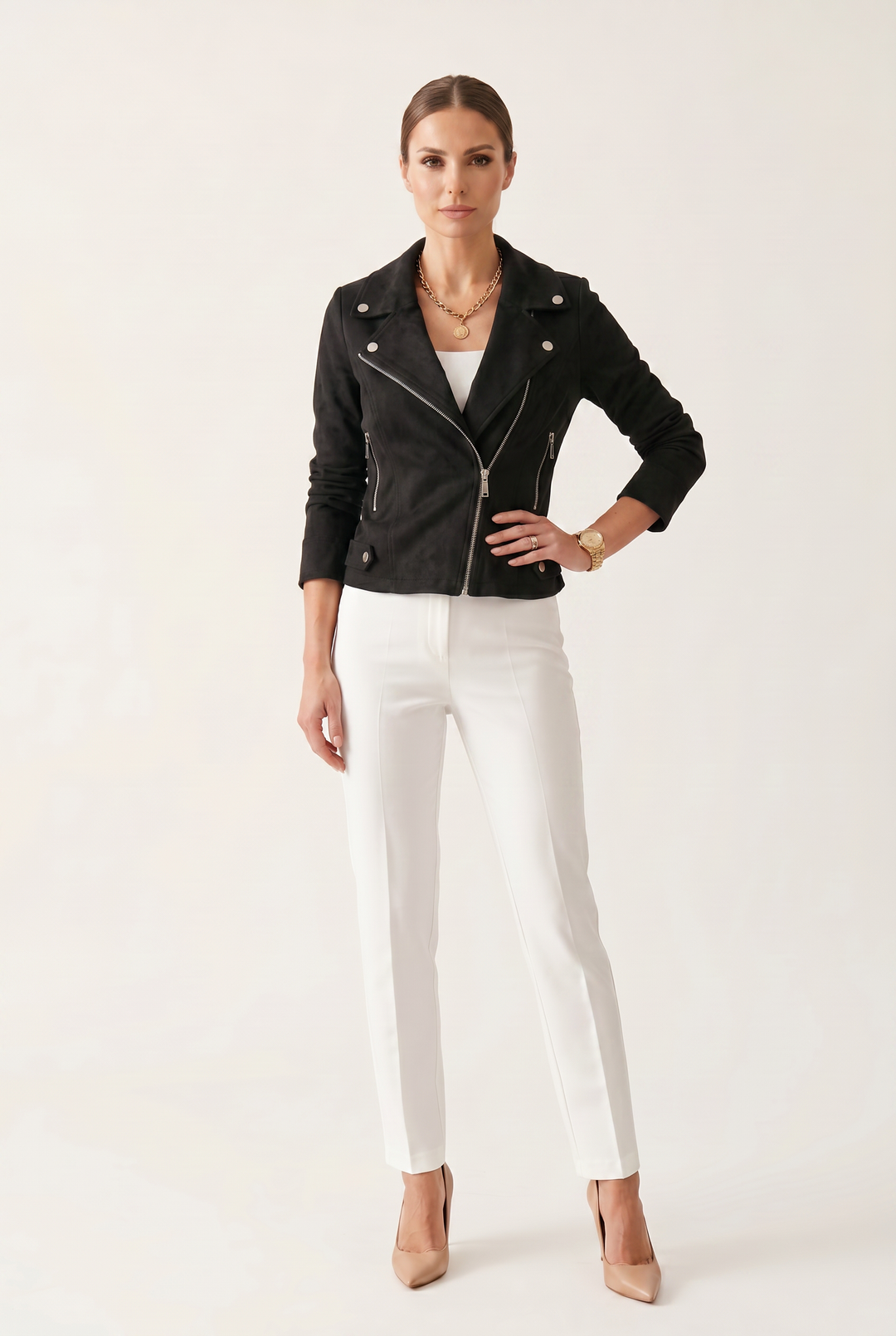 Women’s Cropped Biker Jacket with Statement Details