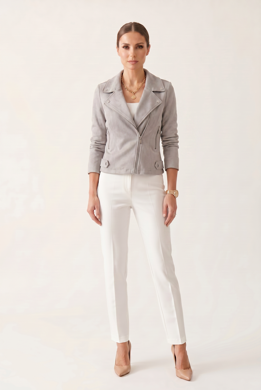 Women’s Cropped Biker Jacket with Statement Details