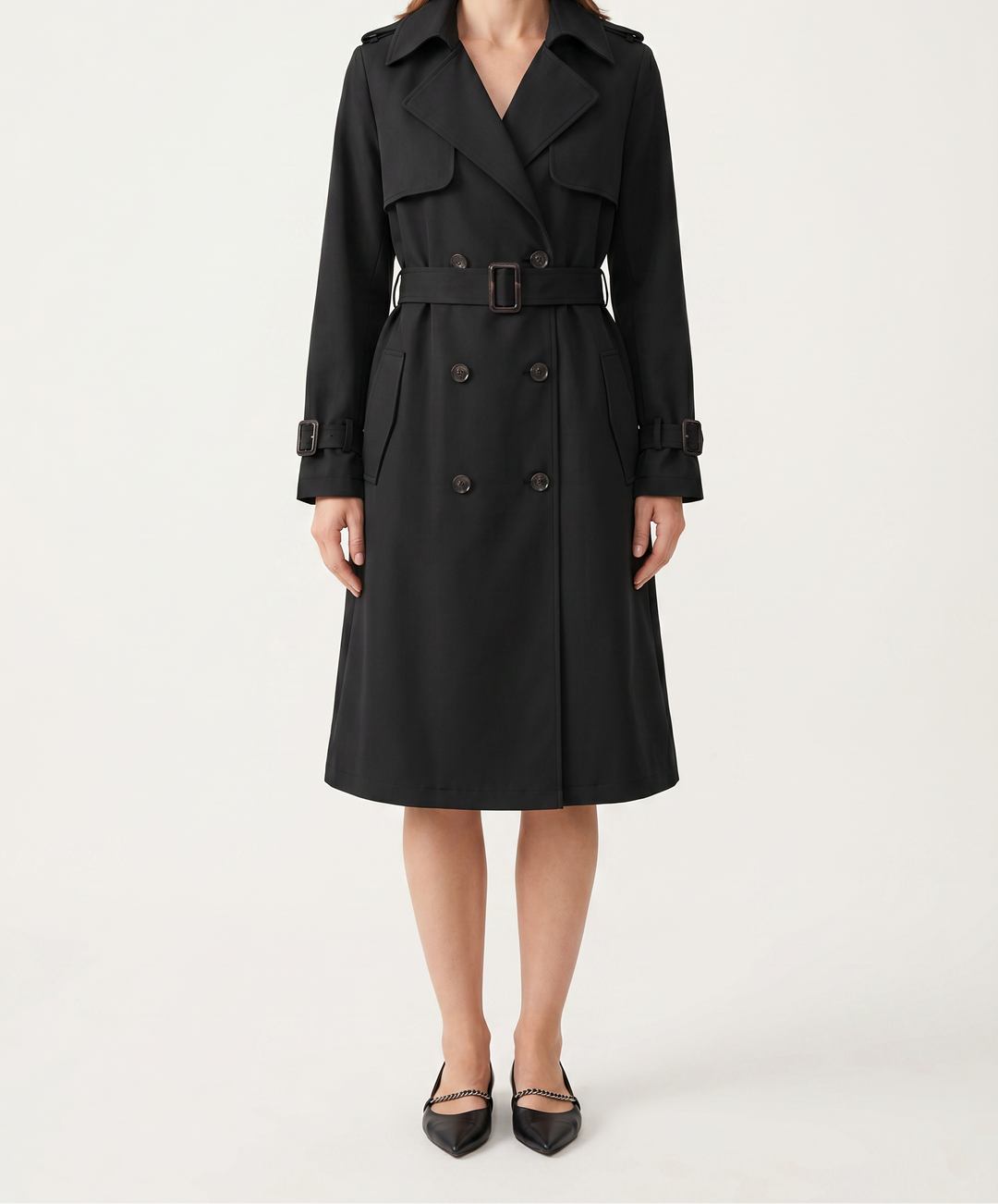 Women’s Trench Coat with Notched Lapel and Double-Button Closure