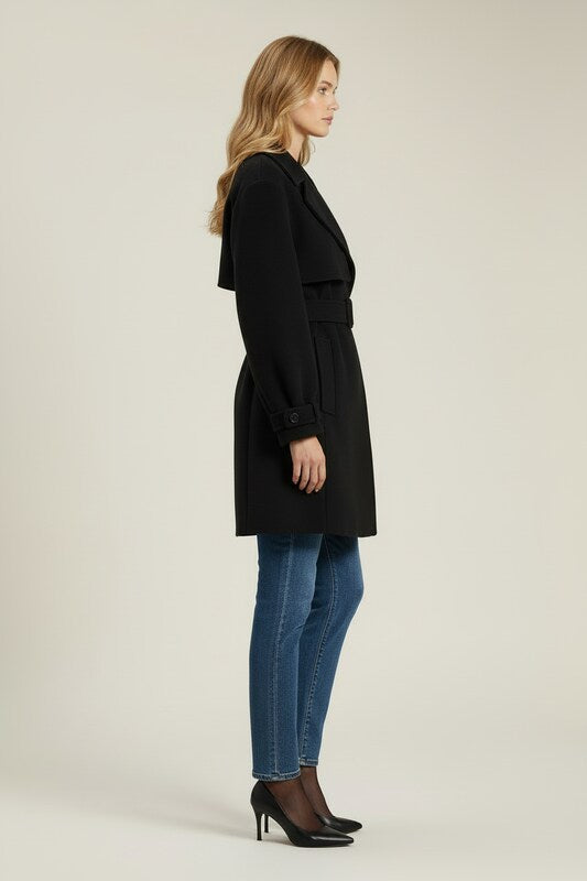 Textured Womens Trench Coat with Wide Lapel and Waist Belt