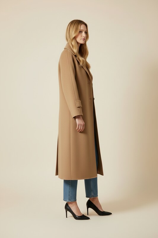Straight Cut Womens Long Coat with Textured Surface