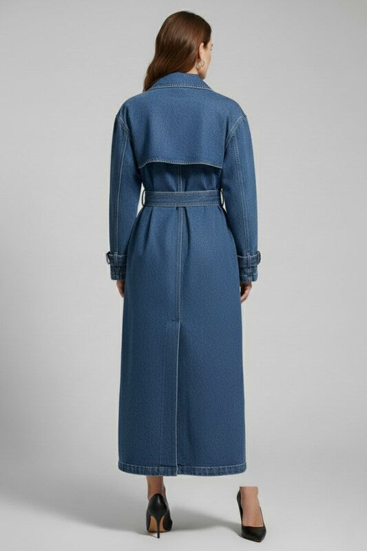 Long Womens Trench Coat with Belted Waist and Textured Surface