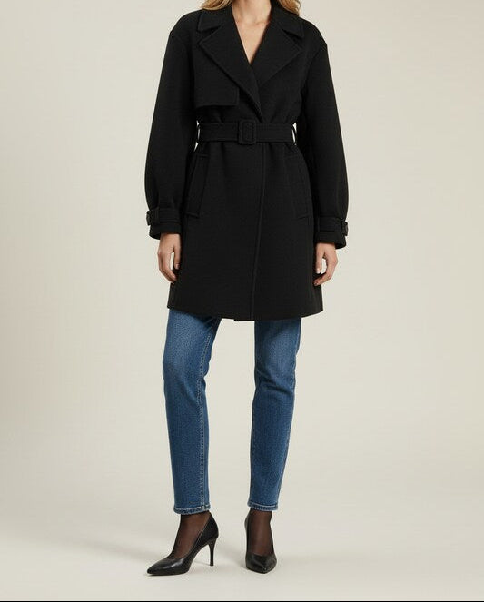 Textured Womens Trench Coat with Wide Lapel and Waist Belt
