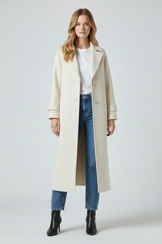 Straight Cut Womens Long Coat with Textured Surface